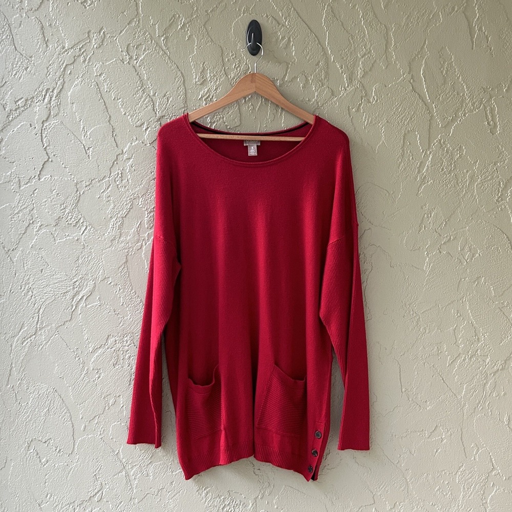 Chico's Women's Size 3 Red Scoop Neck Side Button Pocket XL Tunic Sweater NEW